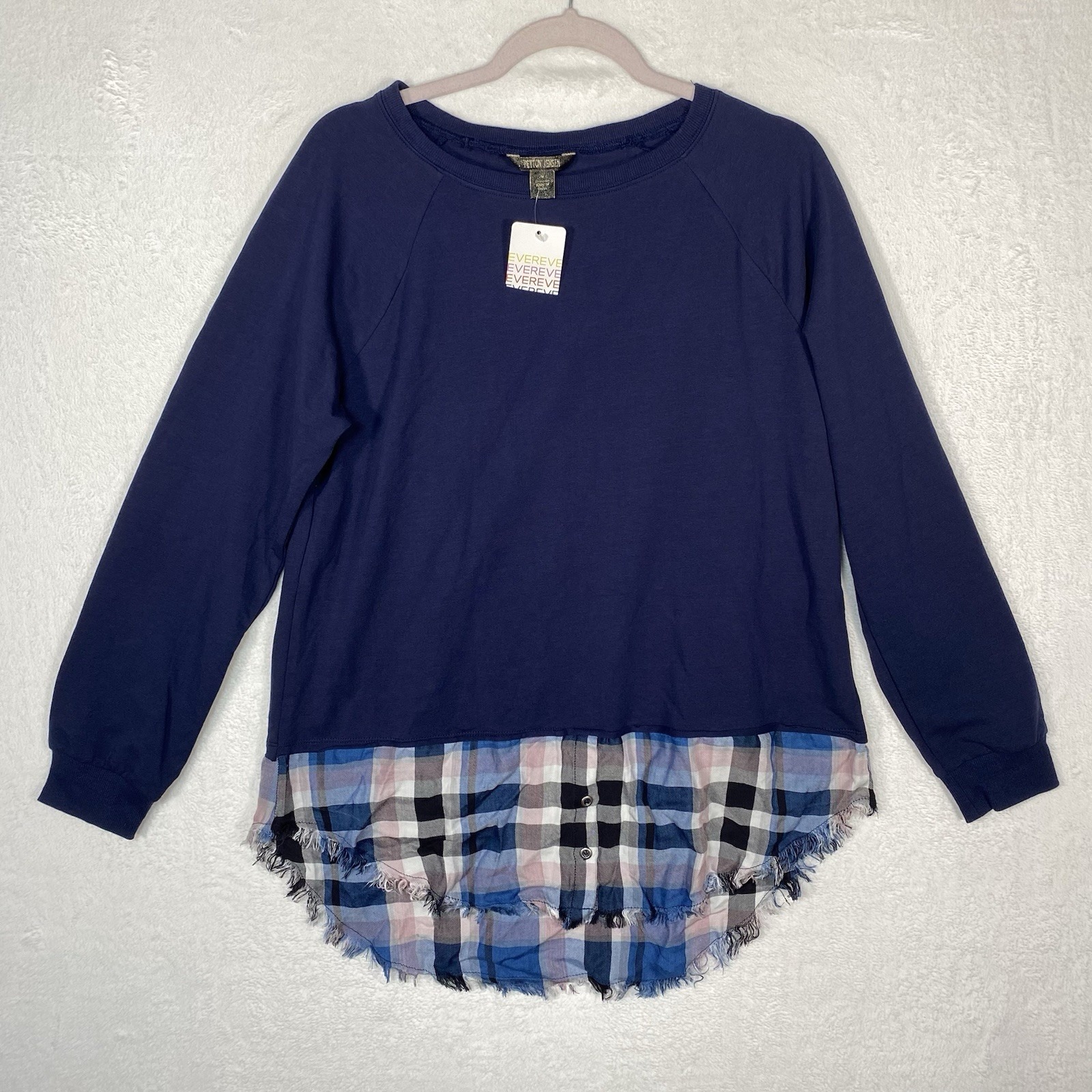 Peyton Jensen Evereve Navy Sweatshirt Plaid Hem Mixed Media Pullover M Coastal